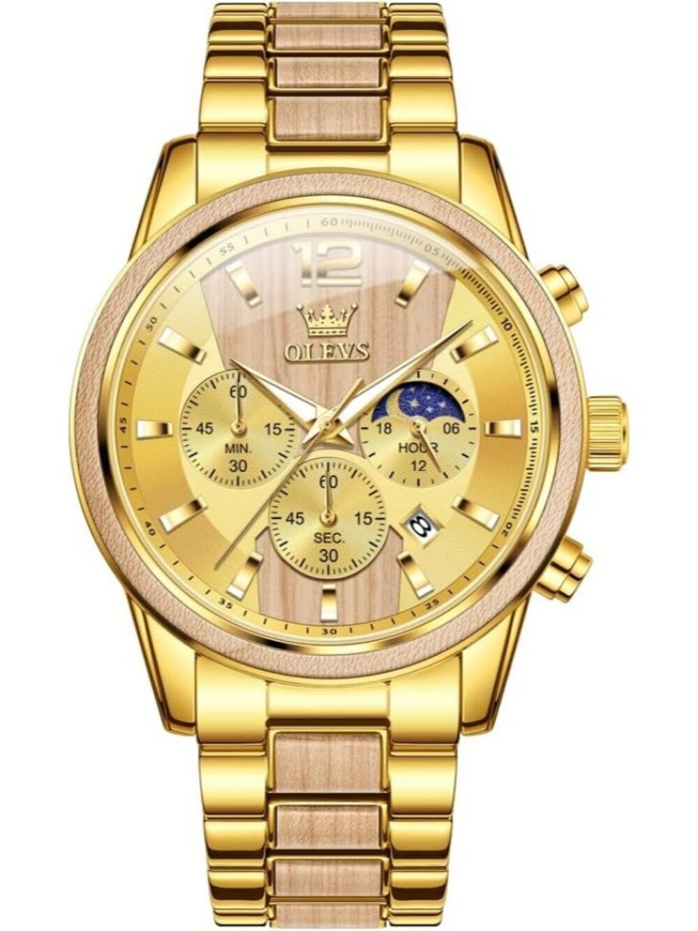Men's Gold Quartz Stainless Steel Waterproof Luminous Date Luxury Wooden Watch